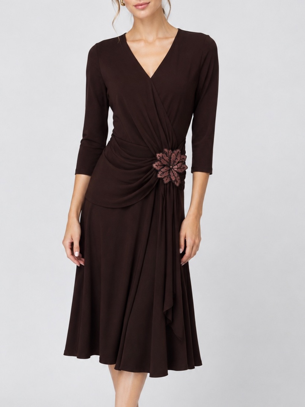 Laundry by Shelli Segal Brown Draped Wrap Midi Dress With Floral Embellishment